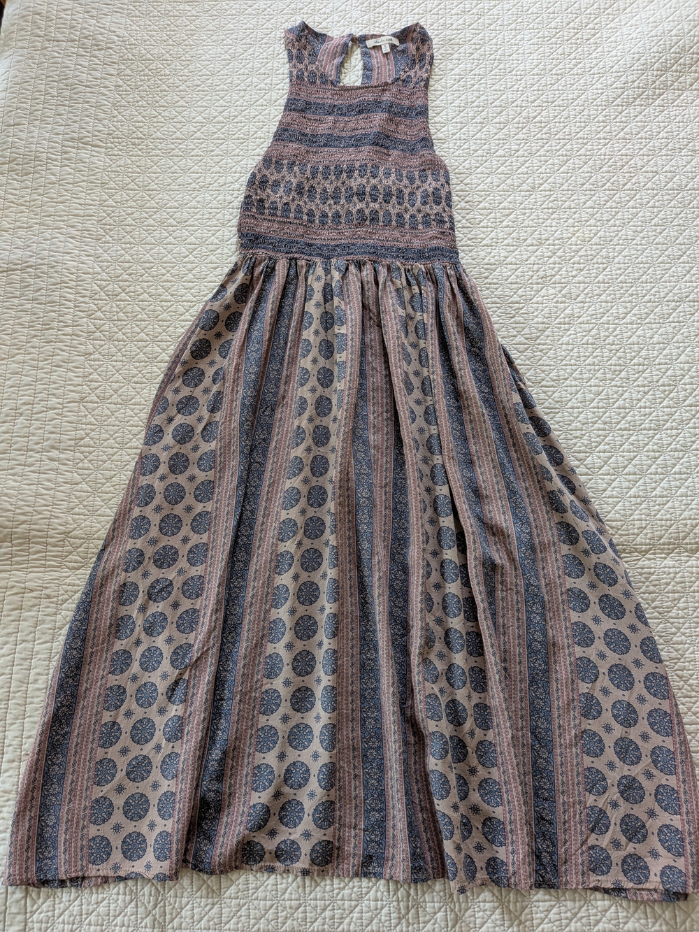 bleuh ciel Striped Floral Smocked Maxi Dress in Rose and Navy